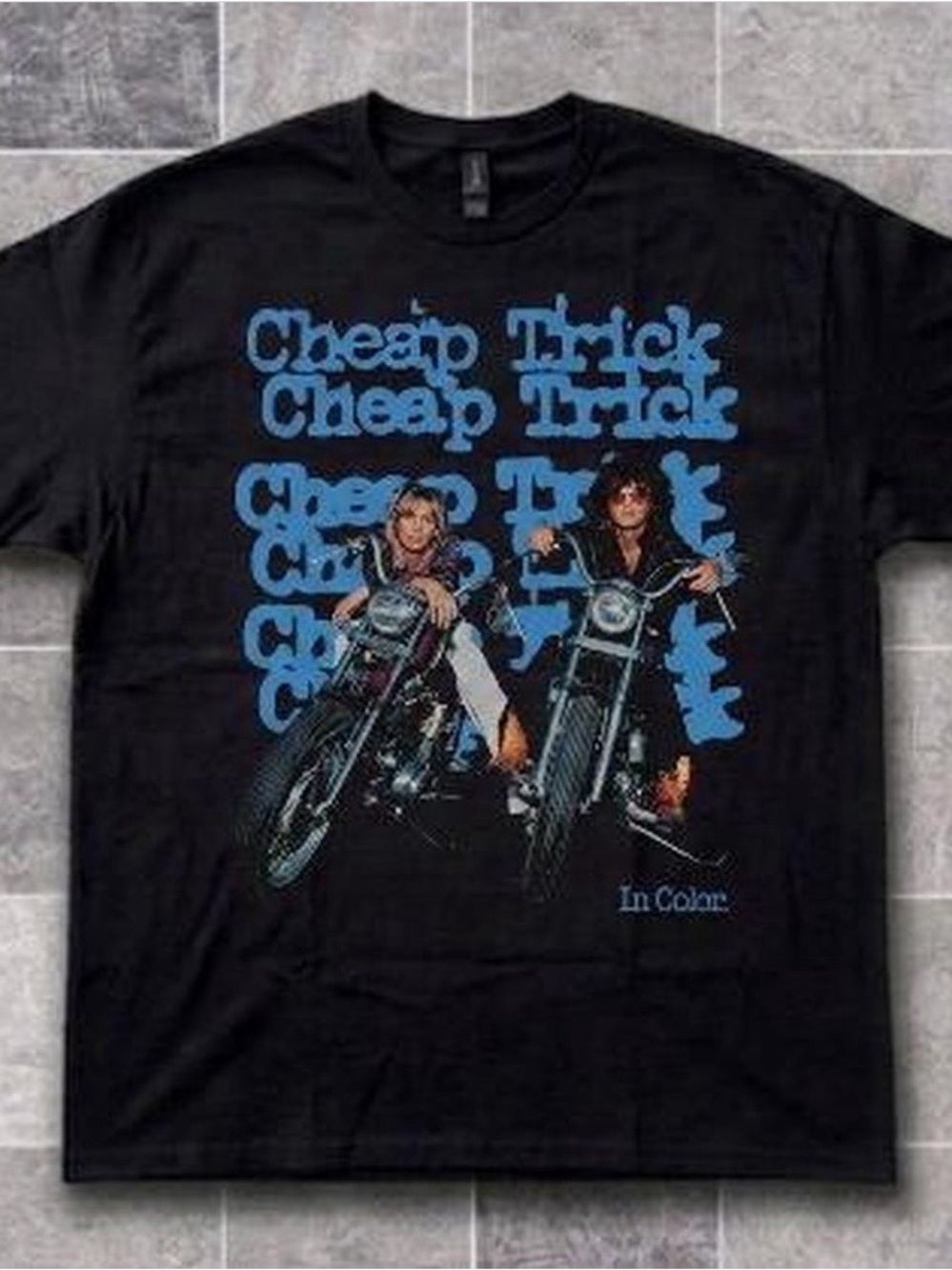 Gildan Black Tee with Blue Band Graphic and Multicolor Print
